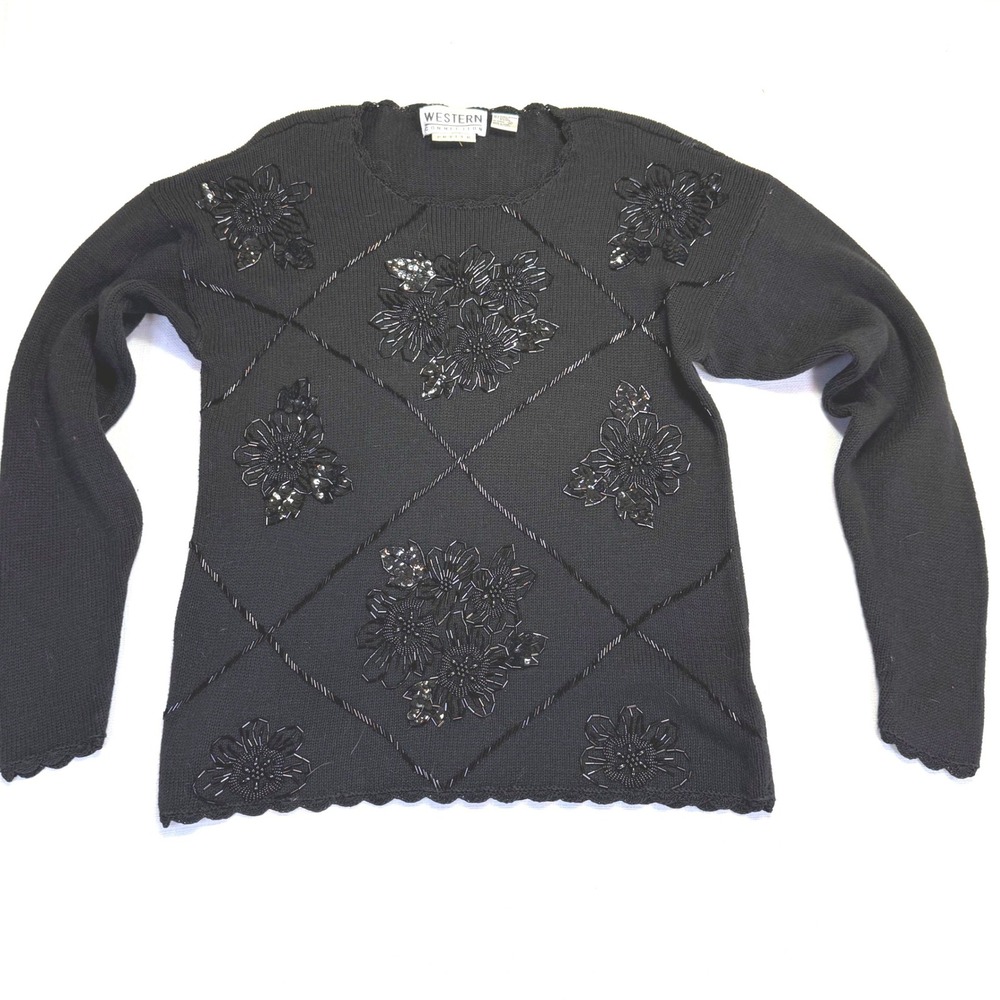Vintage Western‎ Connection Petite Black Beaded Floral Sweater M